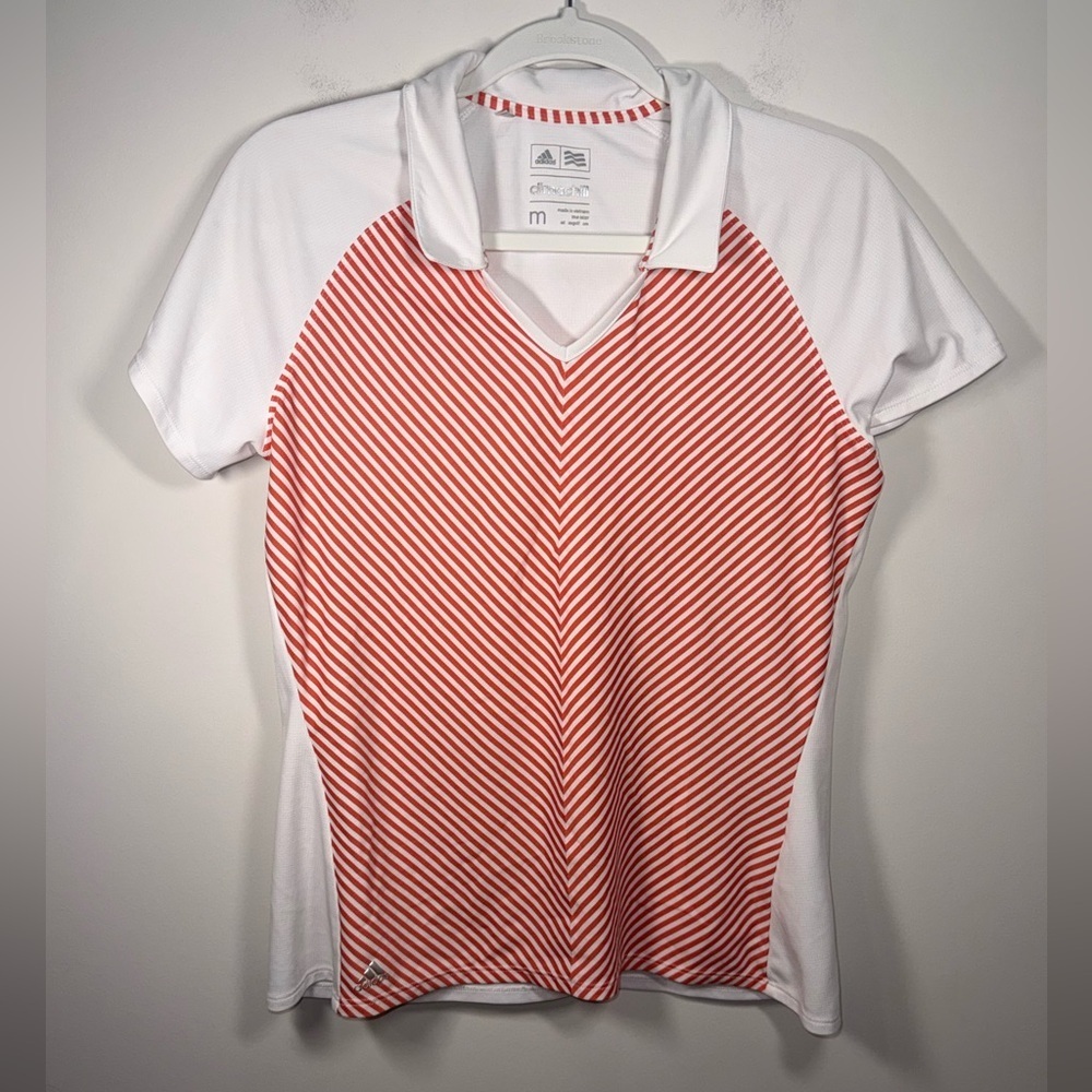 adidas White & Red Collar V Neck Short-Sleeve Striped Golf Polo Tee Size Medium
